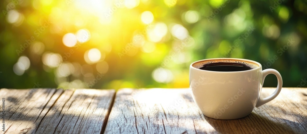 Poster americano coffee in white cup on wooden table with bokeh effect and sunlight ideal for conversations