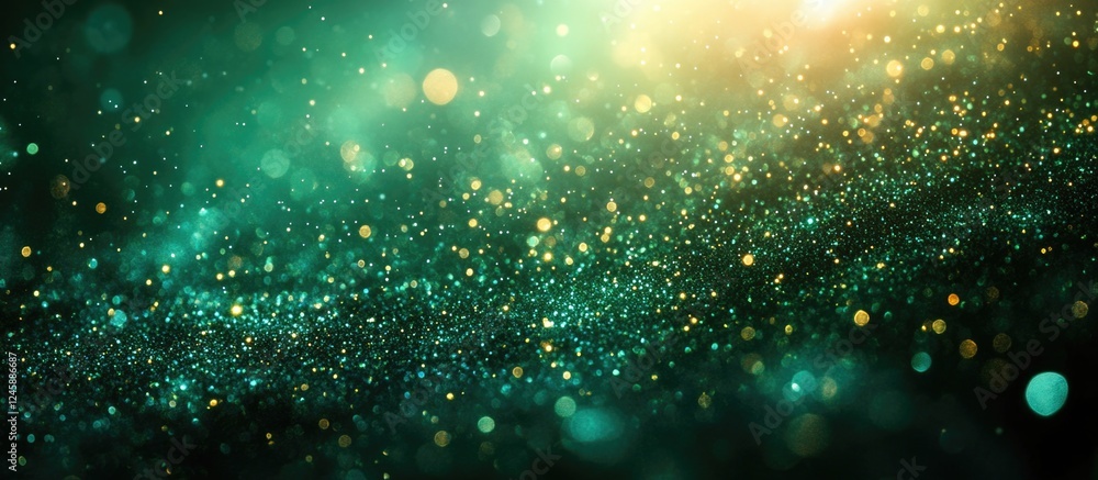 Poster bokeh abstract background in green and silver with luminous lighting effects for creative design and