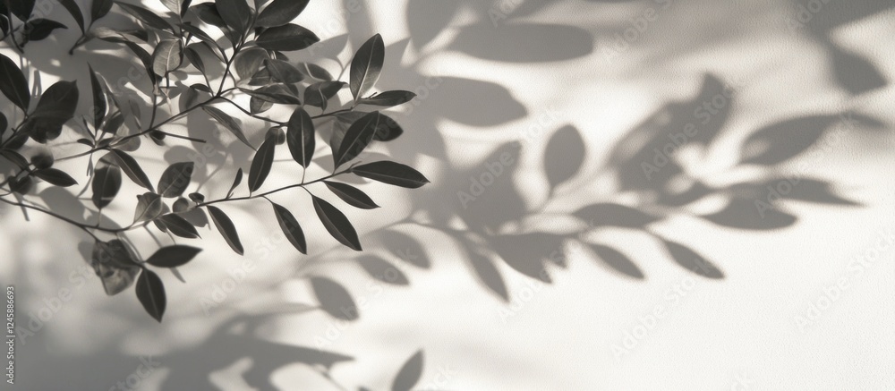 Poster shadows of leaves casting an intricate pattern on a serene white wall creating an elegant and minima