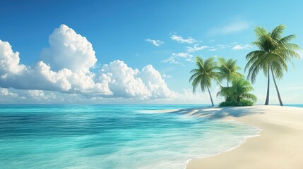Pristine private island background with white sandy beach coconut palms and serene turquoise waters under a bright blue sky