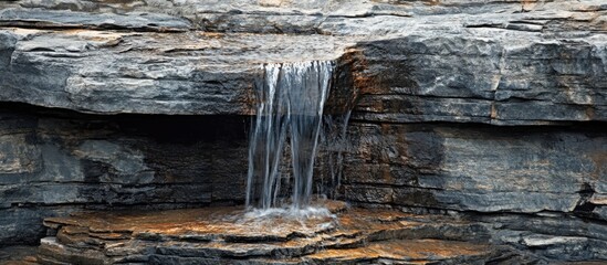 Lush waterfall gracefully flowing over limestone layers in serene mountains with ample space for text inclusion