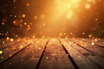 Festive Glow. Golden bokeh lights warm glowing wooden floor background