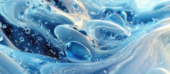 Blue abstract water droplets on glass background with swirling patterns and reflections creating a soothing and artistic atmosphere.