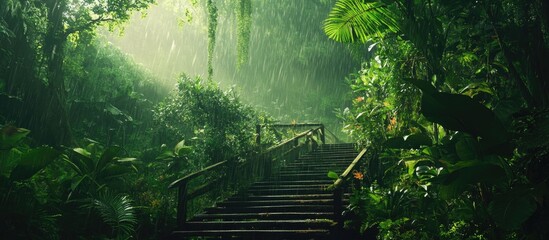 Wooden staircase nestled in the lush rainforests of Bako National Park, Borneo, highlighting the tranquil beauty of nature in Malaysia.