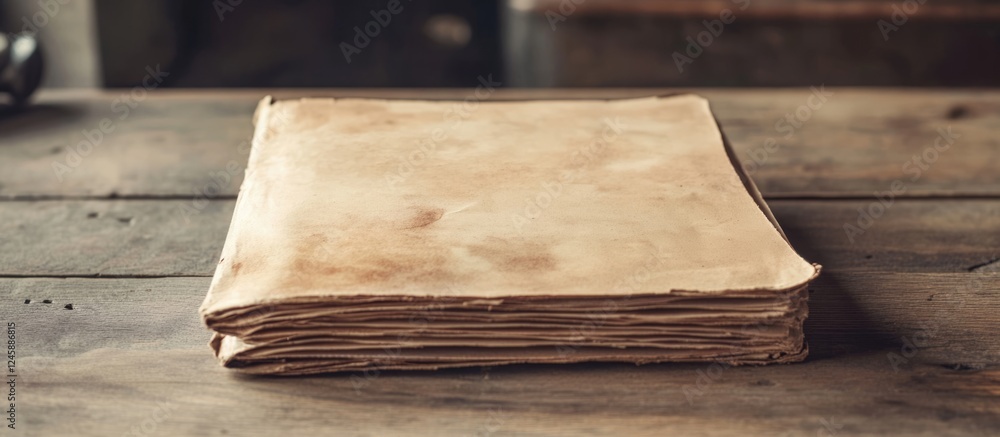 Poster vintage cardboard folder with stains on a rustic wooden surface background displaying age and wear.