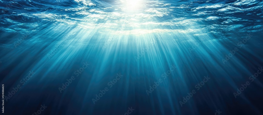Poster aerial view of ocean surface illuminated by sunlight beams creating a serene and tranquil underwater