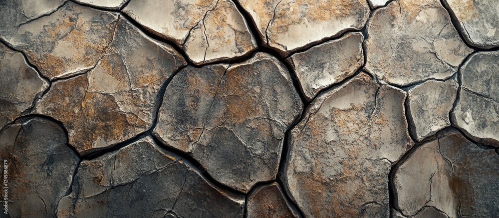 Poster crumbling cement panel background with textured cracks and weathered surface for architectural or ar