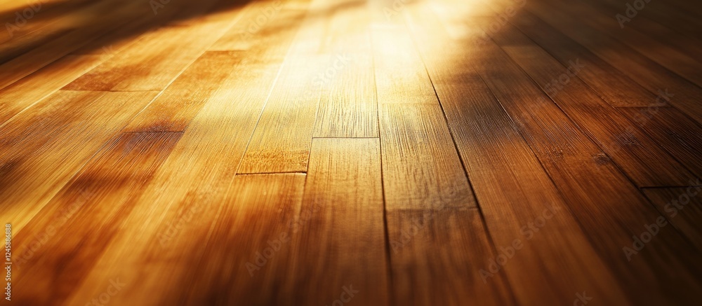 Poster Bamboo table surface illuminated by warm sunset light creating a serene abstract texture background for design projects.