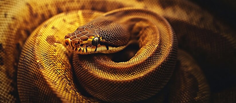 Ball Python Python regius in striking golden and brown scales coiled elegantly against a dark backdrop showcasing its captivity and beauty.
