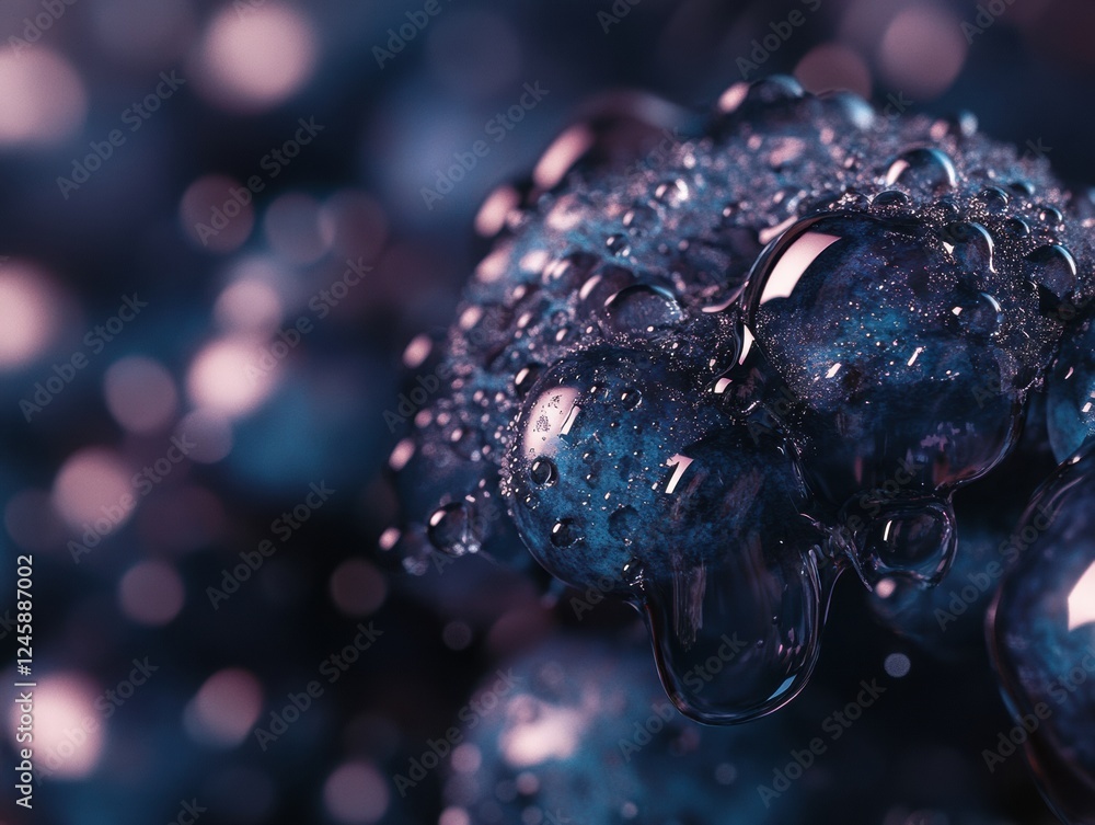 Poster blueberries covered with small water droplets â€“ macro texture with natural light reflection.
