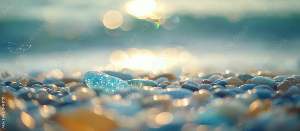 Poster multi colored pebbles on black sea coast with selective focus and gentle ocean waves creating a sere