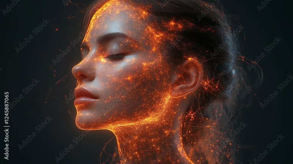 Poster woman's face with luminous particles creating an abstract pattern on skin, against dark background