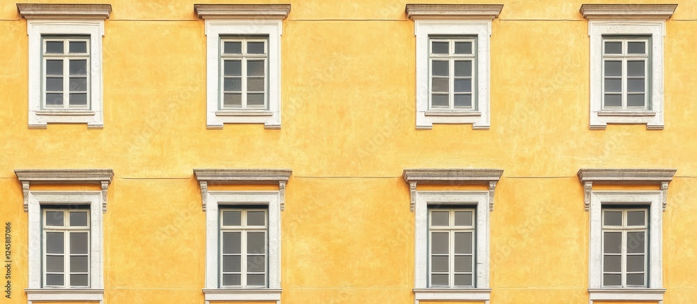 Poster yellow building facade with multiple windows and blank space for text placement, ideal for advertisi
