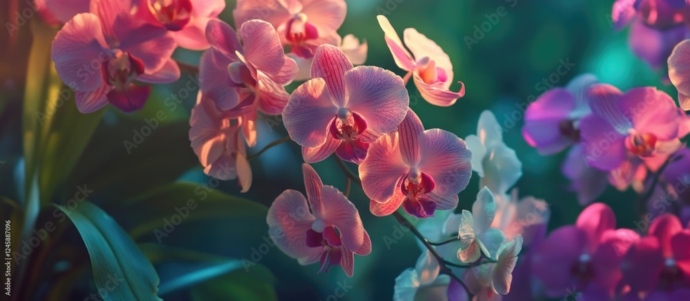 Poster exquisite collection of vibrant orchids with a soft bokeh background creating a serene and enchantin