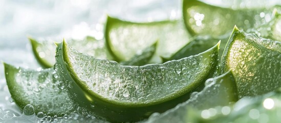 Aloe vera gel slices glistening with water showcasing fresh, vibrant textures on a clean white background for natural beauty applications