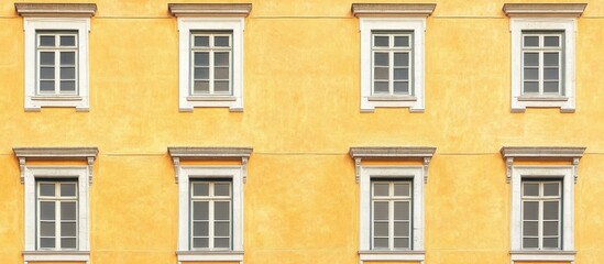 Fototapeta premium Yellow building facade with multiple windows and blank space for text placement, ideal for advertising or design projects.