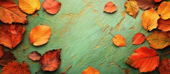 Vibrant autumn leaves scattered on a textured green vintage background creating a warm seasonal atmosphere