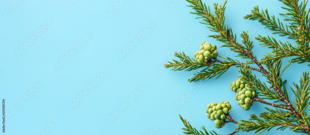 Poster evergreen coniferous buds on azure background with ample space for text framing, ideal for seasonal 