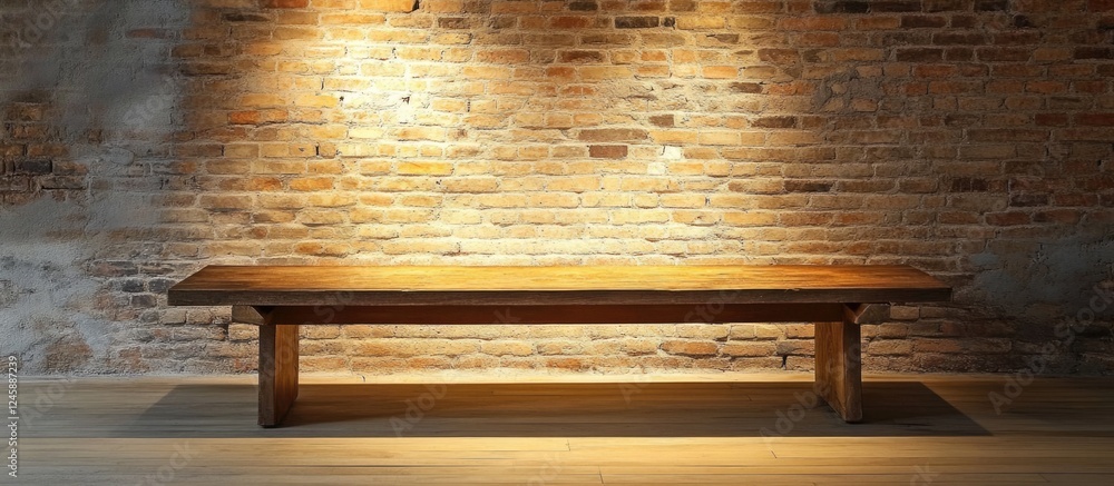 Poster empty wooden table against a textured brick wall illuminated by warm light creating a rustic and inv
