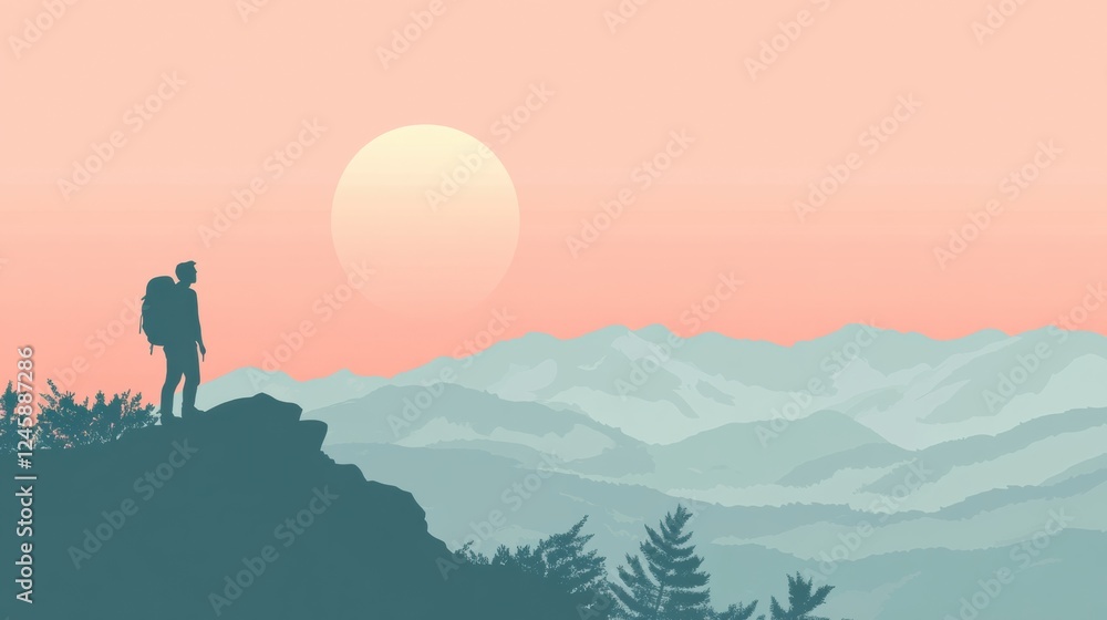 Poster Hiker stands on mountain ridge at sunset with open space for motivational text. Generative AI