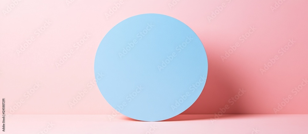 Poster abstract minimalistic design featuring a blue circular shape set against a soft pink paper backgroun