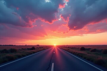 A Serene Sunset View of an Empty Asphalt Road Extending Towards a Vibrant Horizon