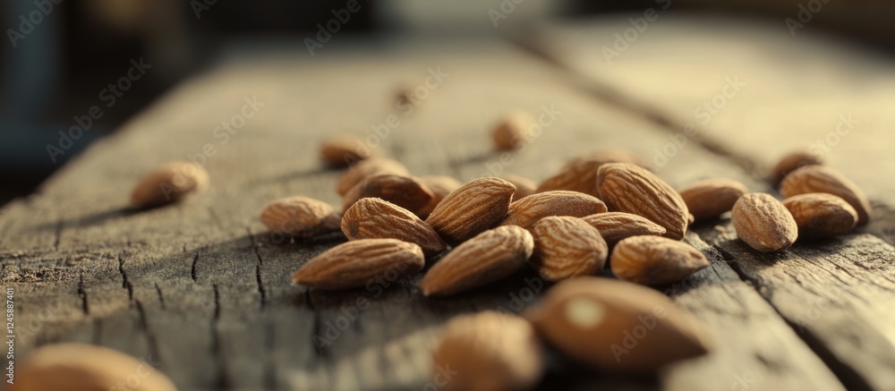 Poster almonds scattered on weathered wooden table creating a rustic and natural food background with warm 