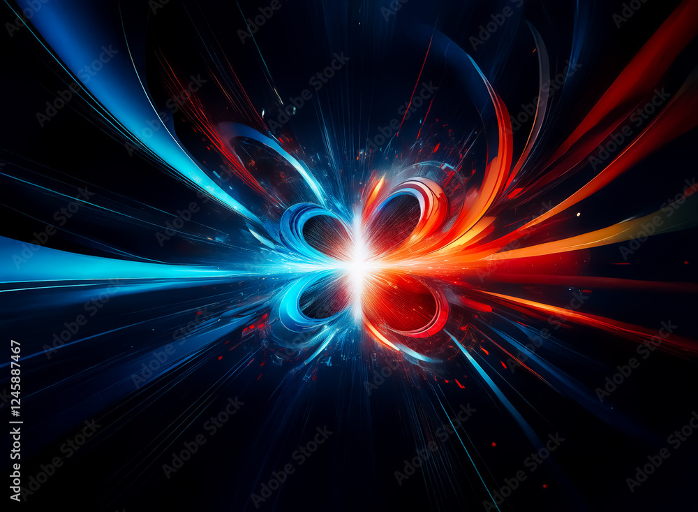 Fototapete an abstract fractal design featuring dynamic swirling blue and red shapes radiating from a central b