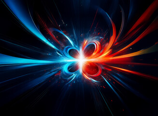 Obraz premium An abstract fractal design featuring dynamic swirling blue and red shapes radiating from a central bright point against a dark backdrop, creating an energetic and vibrant visual.