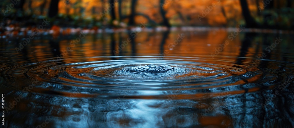 Poster dark water surface with ripples reflecting autumn forest colors creating a tranquil abstract nature 
