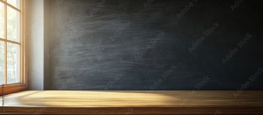 Poster back to school scene with blackboard illuminated by window light featuring empty space for education