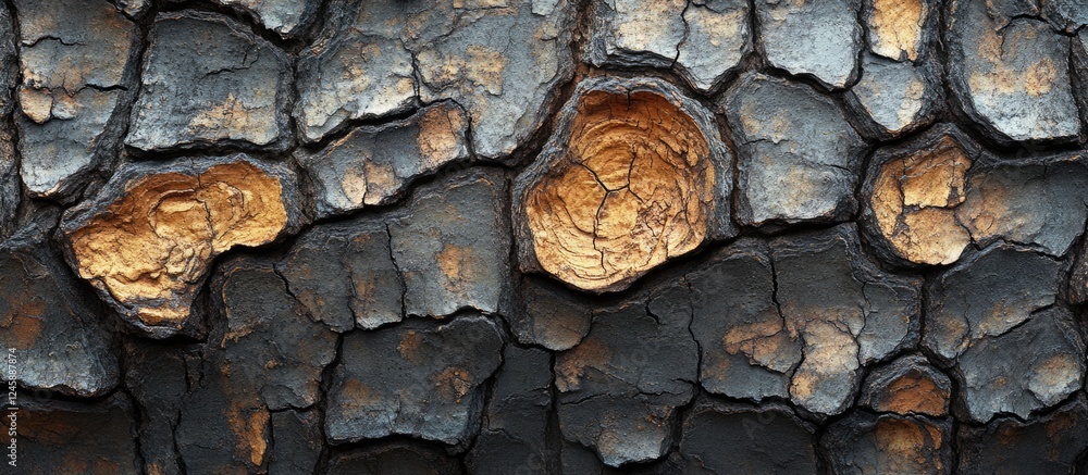 Poster textured bark with contrasting burn marks and natural highlights as a striking background for design
