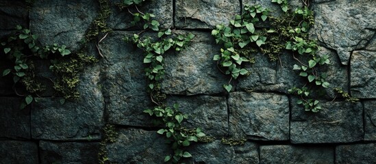 Ancient stone wall with ivy accentuating its historical beauty and texture in a serene natural setting.