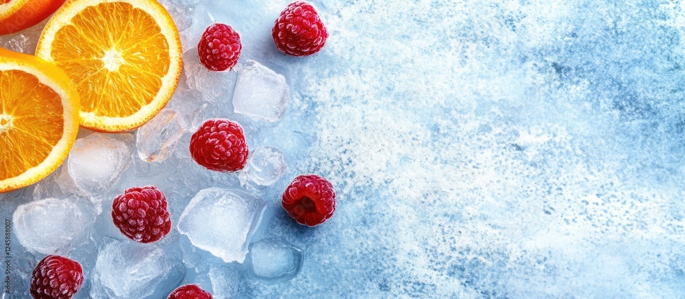 Poster aging process concept featuring frozen orange slices and red raspberries with ice on textured blue b