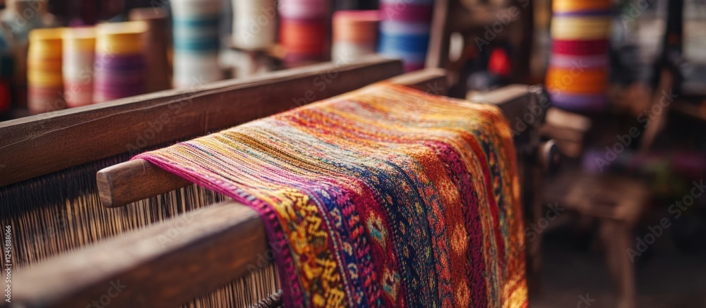 Poster colorful textile threads arranged on a traditional loom showcasing craftsmanship and vibrant pattern