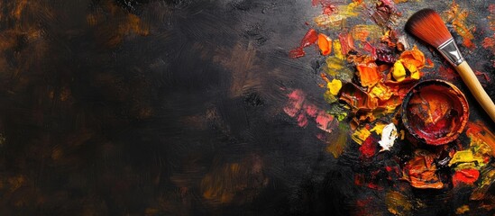 Vibrant artist palette with colorful paint and brushes on a dark canvas background perfect for creative text placement and artistic themes