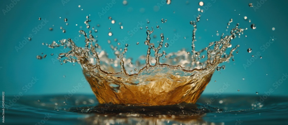 Poster dynamic water splash creating a vibrant crown effect against a turquoise background capturing motion