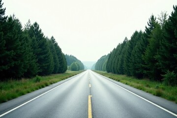 Asphalt Road Through Evergreen Forest on a Cloudy Day, Leading to a Distant Horizon