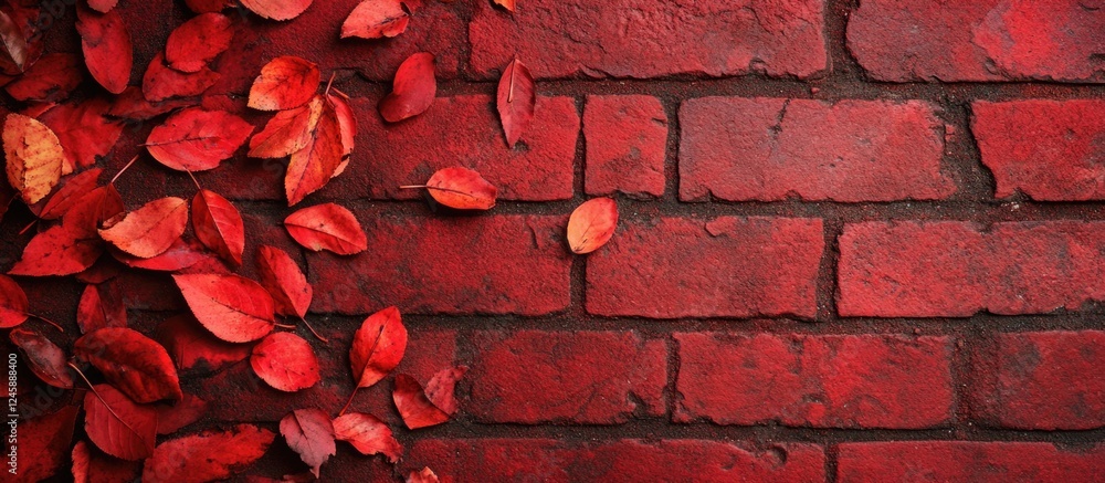 Poster autumn foliage on red brick background creating a warm atmosphere with ample copy space for text or 