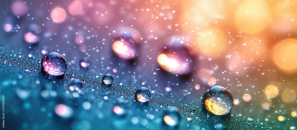 Poster colorful abstract background with vibrant water droplets and bokeh effects creating a dreamy atmosph