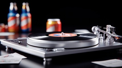 Silver Turntable Playing Vinyl Record with Drinks in Background