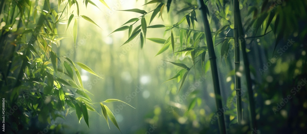 Poster lush bamboo forest background with soft light and textured greenery creating a serene natural atmosp