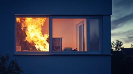 Fototapeta premium Flames engulf a modern home window at dusk, illuminating the interior with a fierce glow amidst the twilight sky