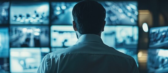 Security expert analyzing CCTV footage from a monitoring station with ample space for text and alerts on screens