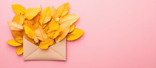 Autumn envelope filled with golden leaves on pastel pink background creative flat lay composition for fall inspiration and decoration