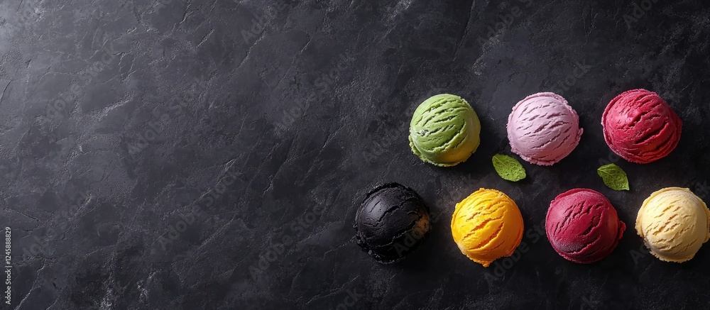 Aufkleber assorted vibrant gelato ice cream scoops including raspberry lemon green tea and mint on dark backgr