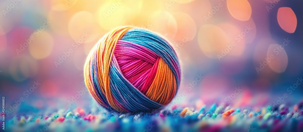 Poster vibrant threaded ball on colorful background with bokeh effect showcasing craftsmanship and creativi