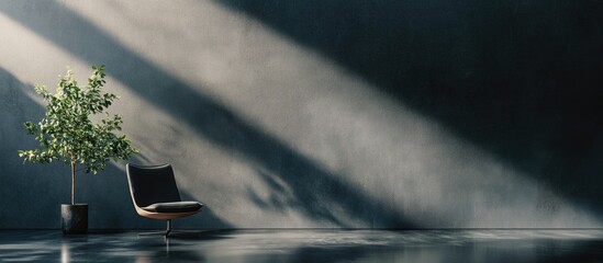 Modern minimalist interior with dark concrete wall, stylish chair, and potted plant casting shadows, ideal for contemporary design themes.