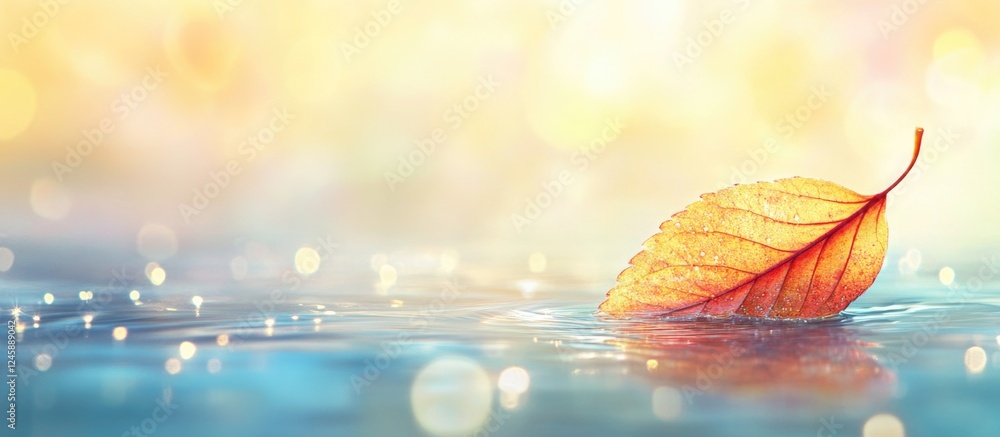 Poster floating autumn leaf on shimmering water surface illuminated by sunlight creating a warm and tranqui