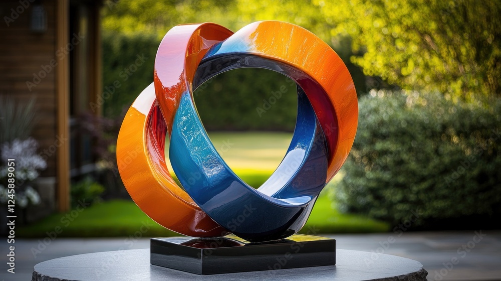 Poster A striking abstract sculpture in vivid hues, forming an infinite loop, creating an artistic and modern display in a contemporary setting with bold visual appeal.